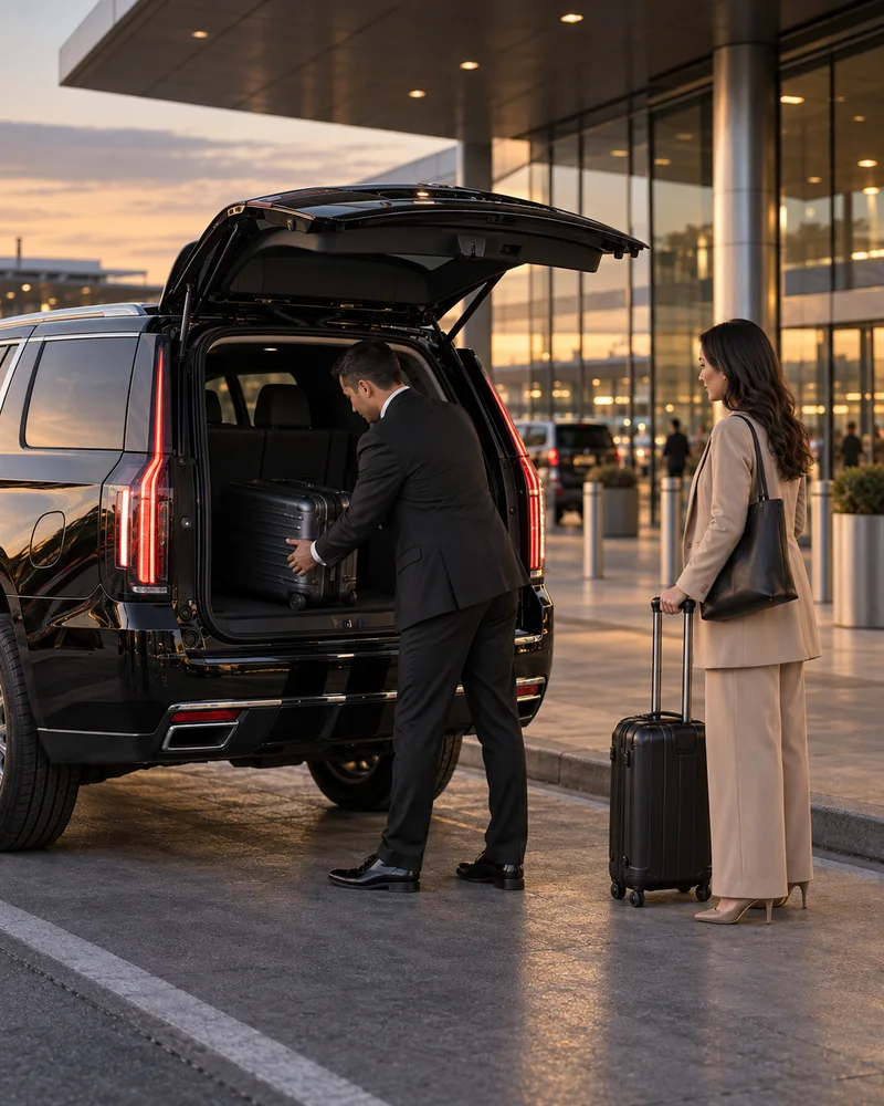 A professional chauffeur loads luggage into a black SUV while a traveler waits at an airport curb