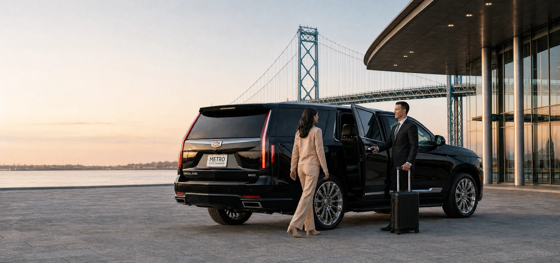 A customer approaching a chauffeur holding open a Cadillac Escalade rear passenger door beside the Ambassador Bridge
