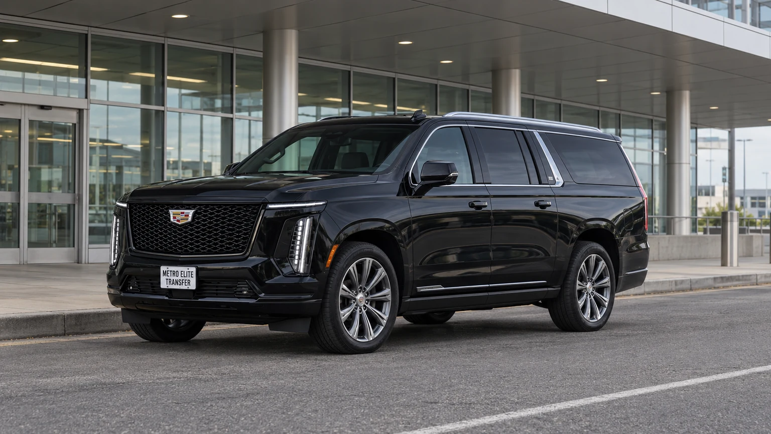 A black Cadillac Escalade ESV with a Metro Elite Transfer plate beside a covered airport departure curb