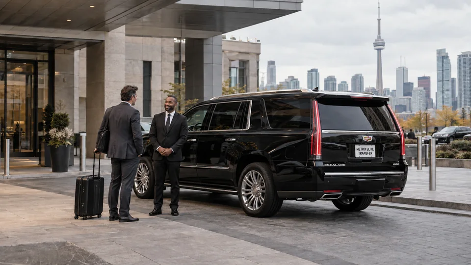 Representative private hotel pickup in Toronto, with a chauffeur, traveller and black Cadillac Escalade ESV.