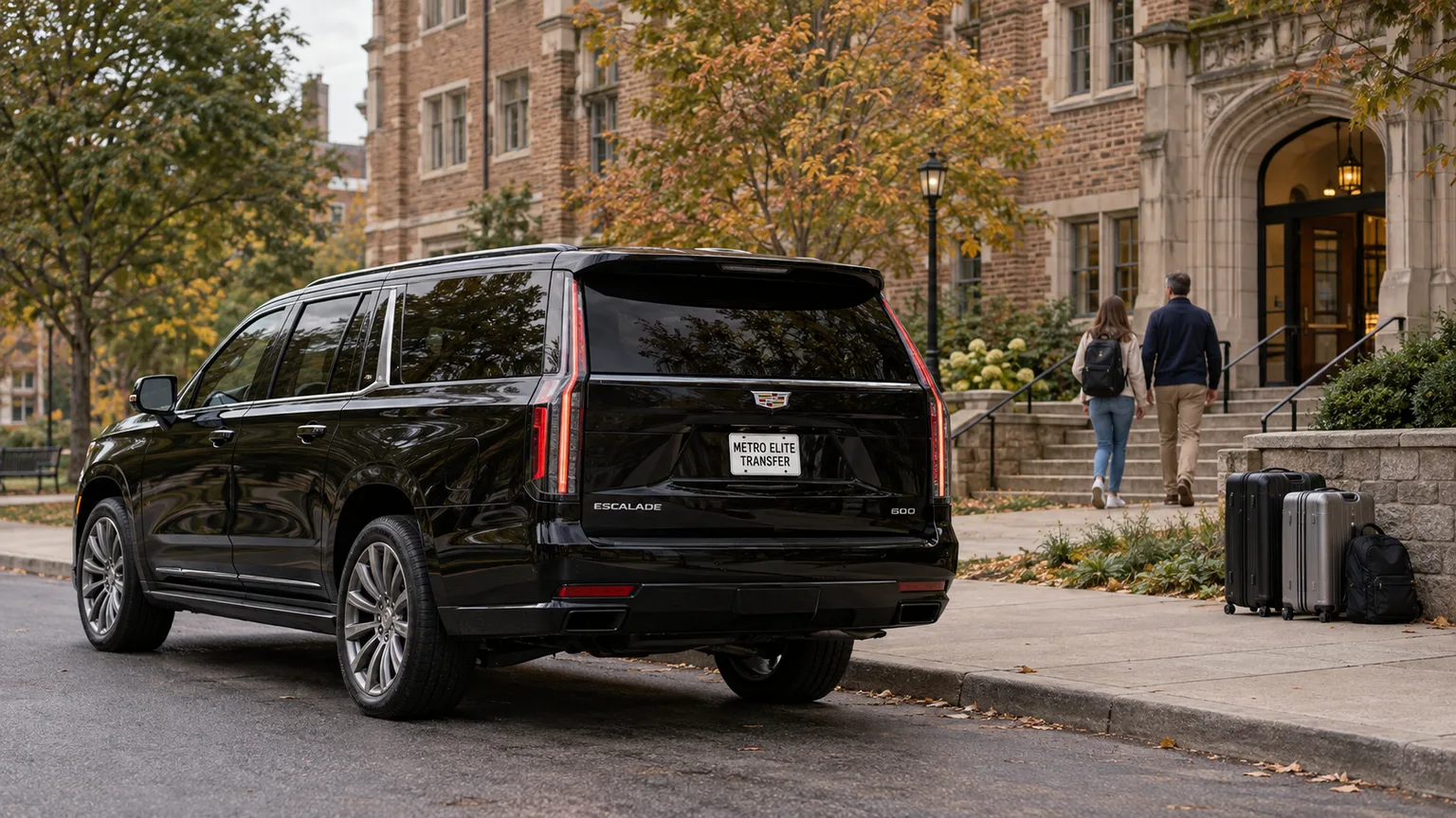 Black Cadillac Escalade ESV with a Metro Elite Transfer plate beside luggage and a campus-style building