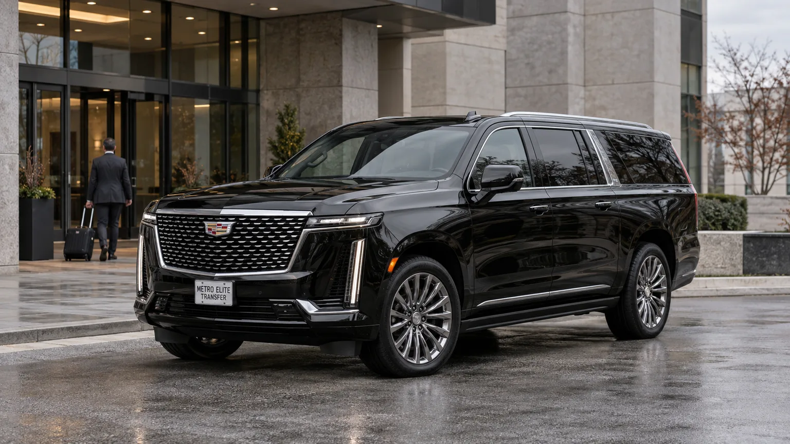Black Cadillac Escalade ESV with a Metro Elite Transfer plate outside an office entrance, with a business traveller in the background