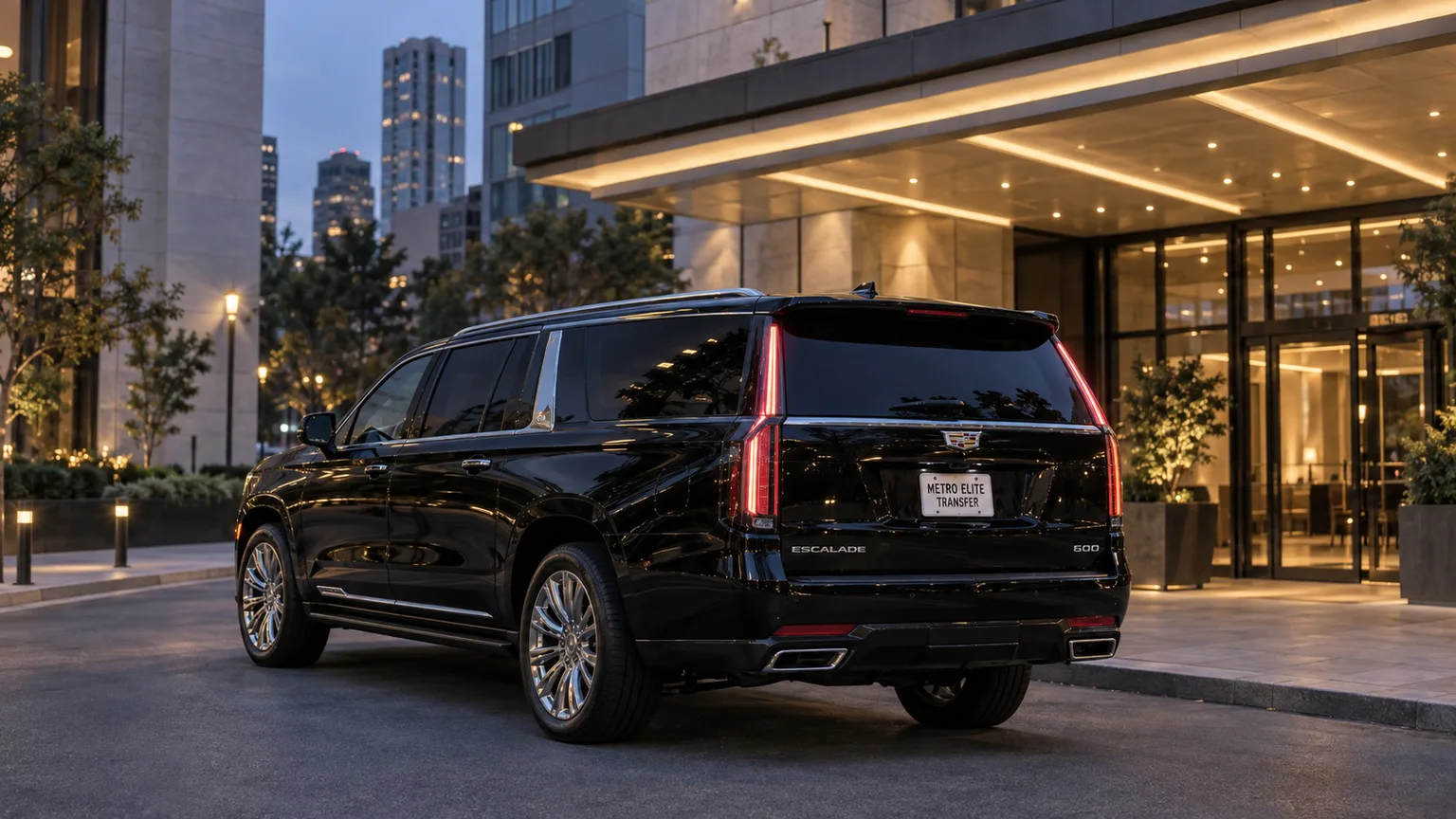 Black Cadillac Escalade ESV with a Metro Elite Transfer plate outside an illuminated hotel-style entrance