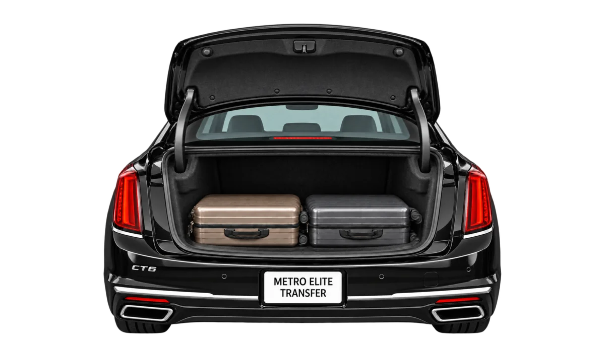 Cadillac CT6 rear trunk illustration with two large suitcases lying flat side by side.