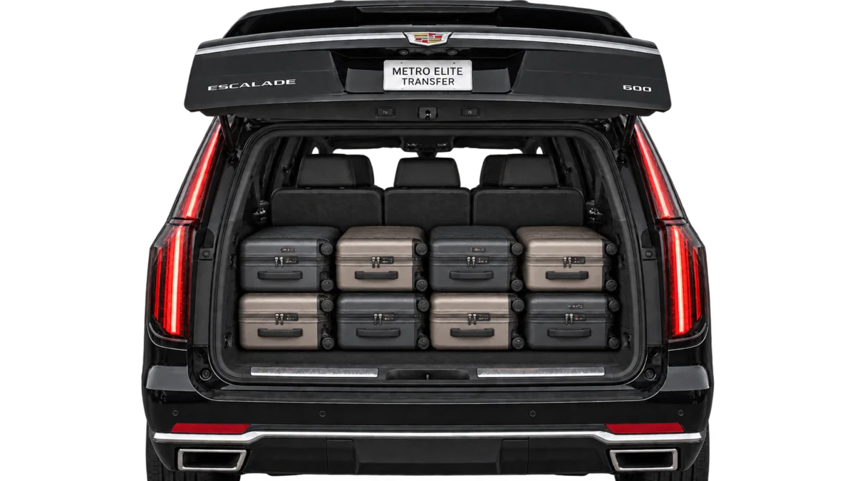 Cadillac Escalade ESV rear cargo illustration with eight standard carry-ons packed flat in two layers behind upright passenger seats.
