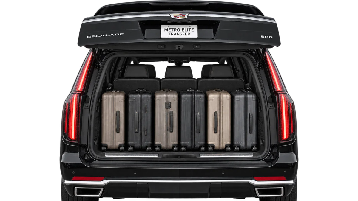 Cadillac Escalade ESV rear cargo illustration with six upright large suitcases behind upright passenger seats.