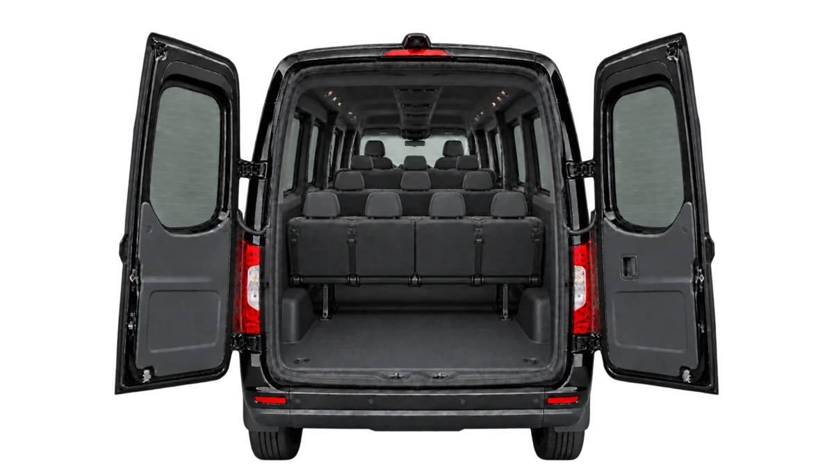2026 Mercedes-Benz Sprinter Passenger Van rear cargo illustration with open rear doors, upright passenger seating and an empty cargo floor.